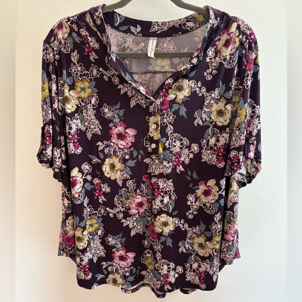 NWOT PerSeption Purple Floral V-Neck Blouse 2X